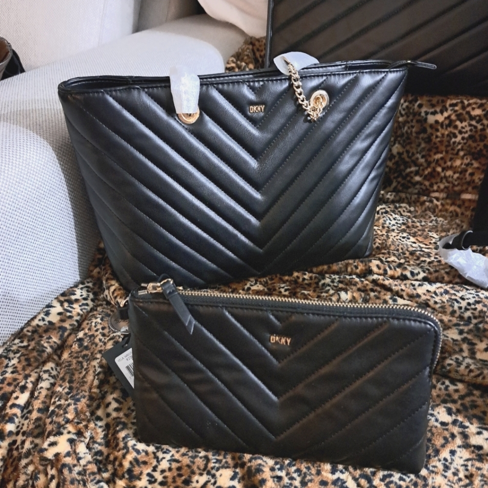 2pc DKNY Veronica Tote Purse Black Quilted Diagonal Leather Chain Shoulder Bag